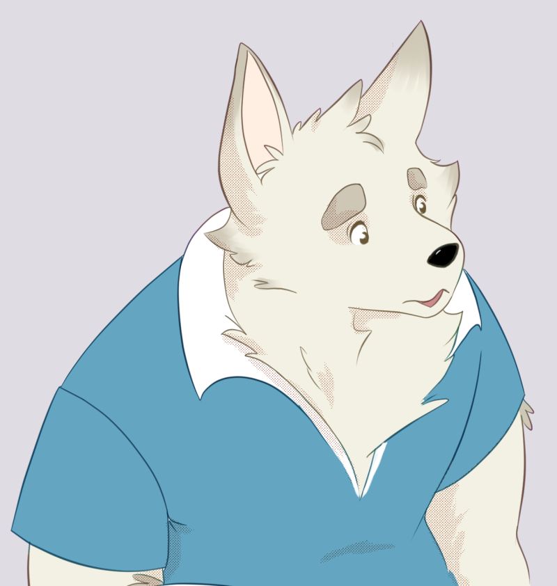 Furry art of a beige dog in a blue polo
