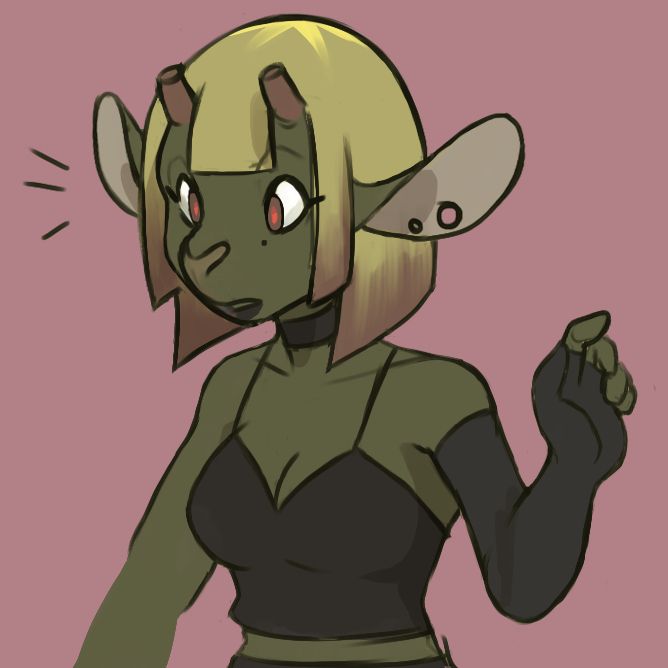 Green goat girl with blonde hair and a black tank top.