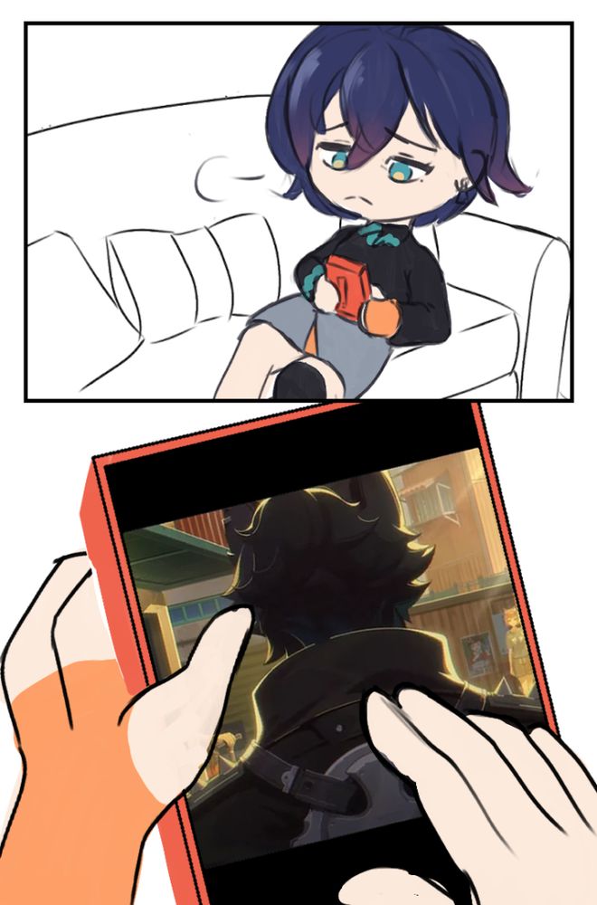 Belle from Zenless Zone Zero looking wistfully at a picture of an unnamed thiren from the back.
