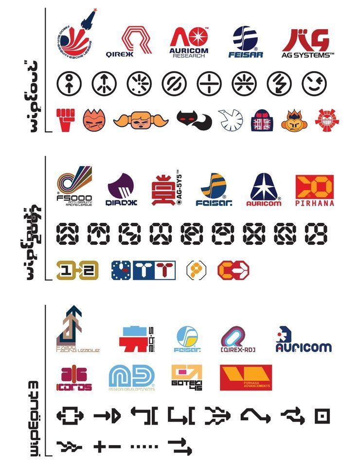 Logos, icons, and symbols from the WipEout racing game series, showcasing team emblems, UI elements, and futuristic racing league branding.