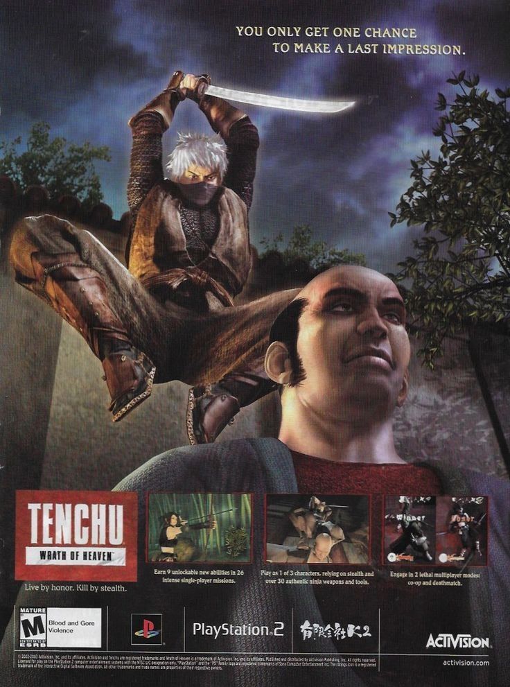 Tenchu print ad for the PlayStation 2. A ninja jumps behind an enemy, ready to plunge their sword.