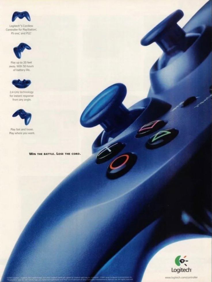 Logitech cordless PS2 controller with analog sticks and PlayStation buttons, promoting wireless play and fast response