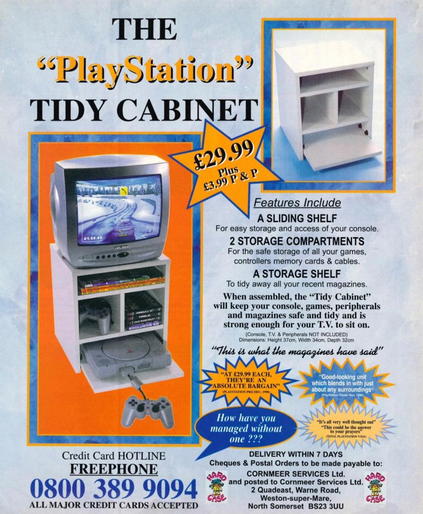 Retro ad for PlayStation Tidy Cabinet with TV, console, and game storage compartments.