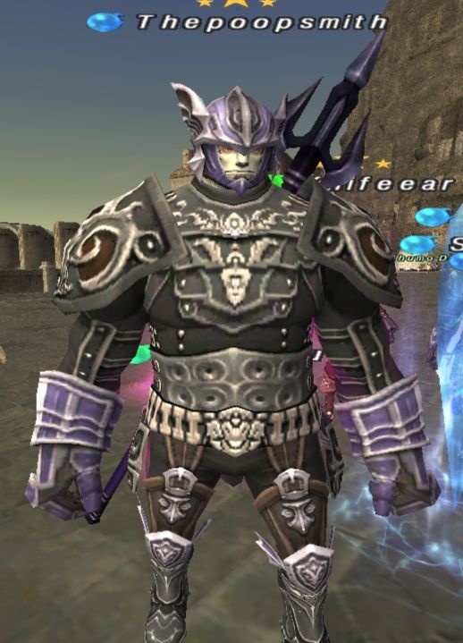 Screenshot of Final Fantasy XI featuring a galka dragoon named "Thepoopsmith". He is wearing the drachen helm and hands with gleti's body and the prime spear.