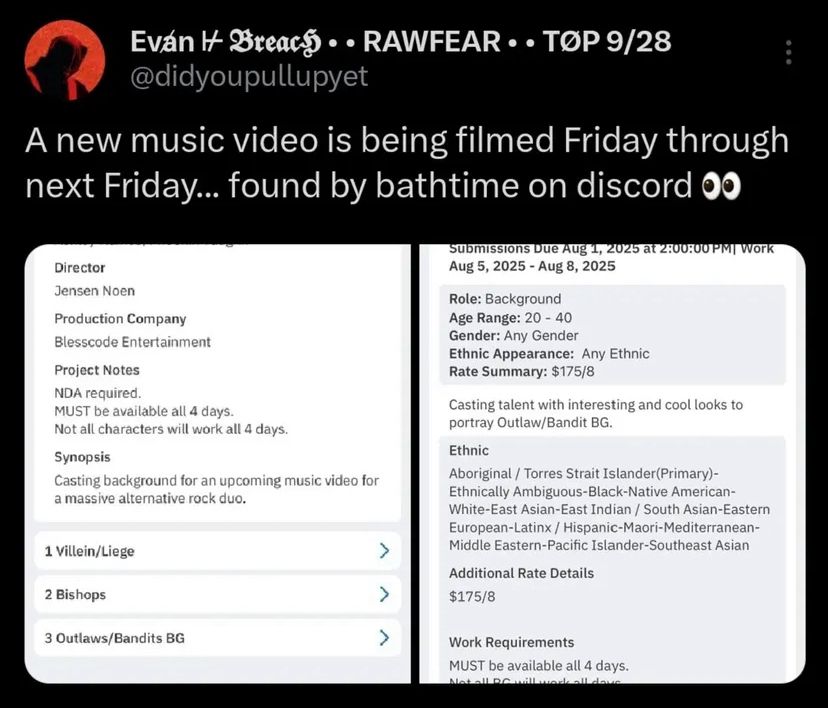 tweet by didypupullupyet: "A new music video is being filmed Friday through next Friday... found by bathtime on discord" with two pictures