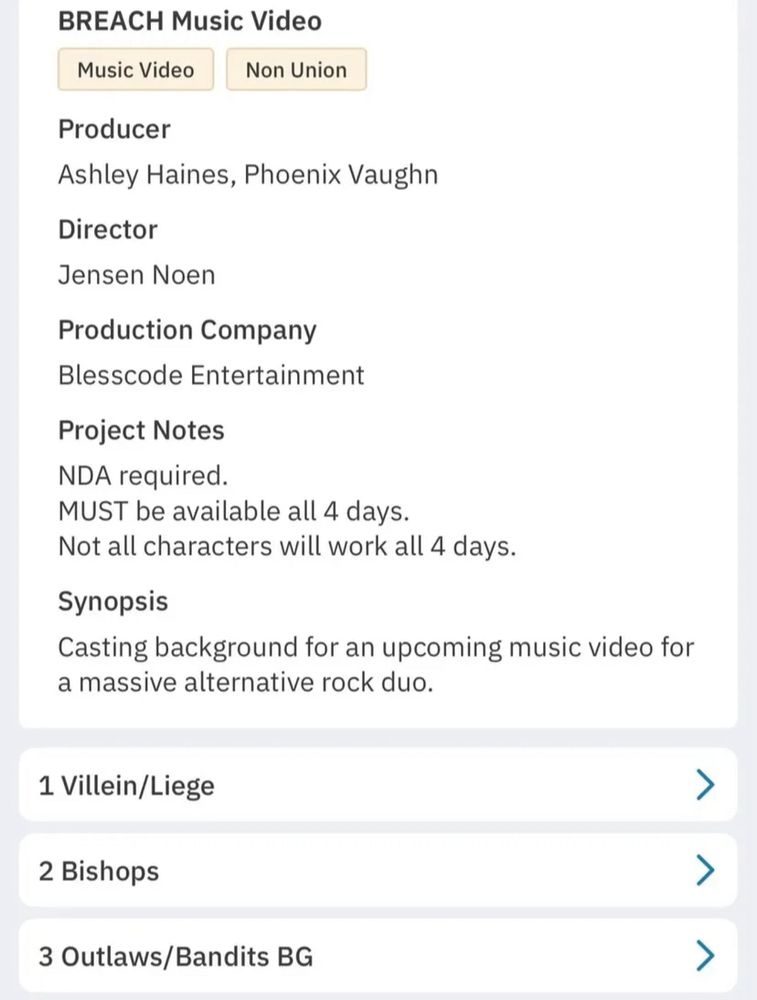 Producer: Ashley Haines, Phoenix Vaughn
Director: Jensen Noen
Production Company: Blesscode Entertainment
Project Notes: NDA required, MUST be available all 4 days, Not all characters will work all 4 days.
Synopsis: Casting background for an upcoming music video for a massive alternative rock duo.