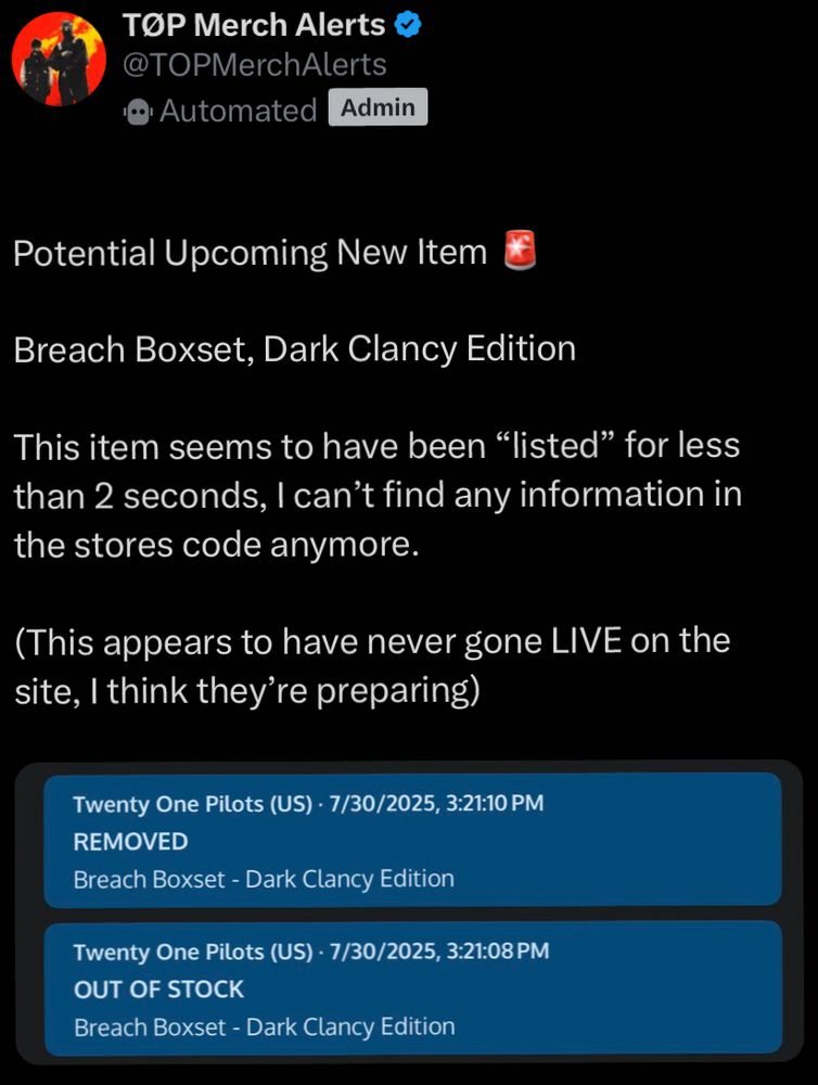 tweet from:topmerchalerts

Potential Upcoming New Item

Breach Boxset, Dark Clancy Edition

This item seems to have been "listed" for less than 2 seconds, I can't find any information in the stores code anymore

(This appears to have never gone LIVE on the site, I think they're preparing)