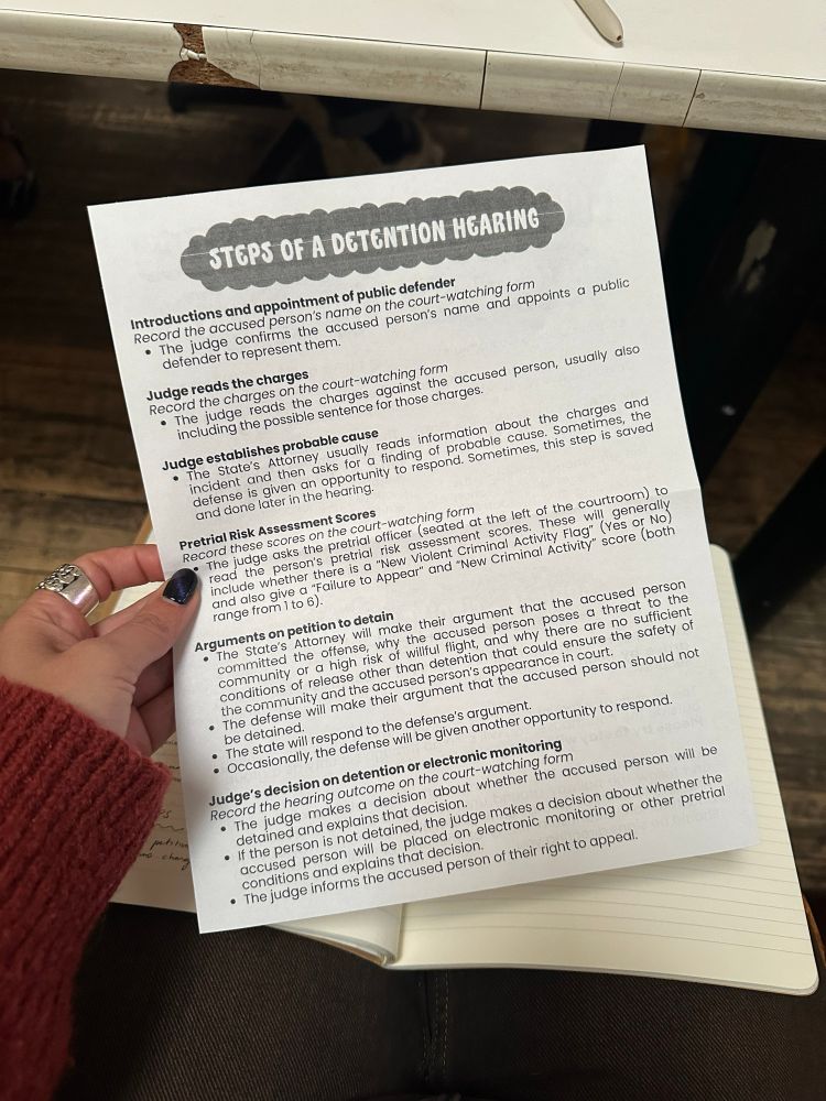 A hand holding a piece of paper, with “steps of a detention hearing” at the top and several sections of text below
