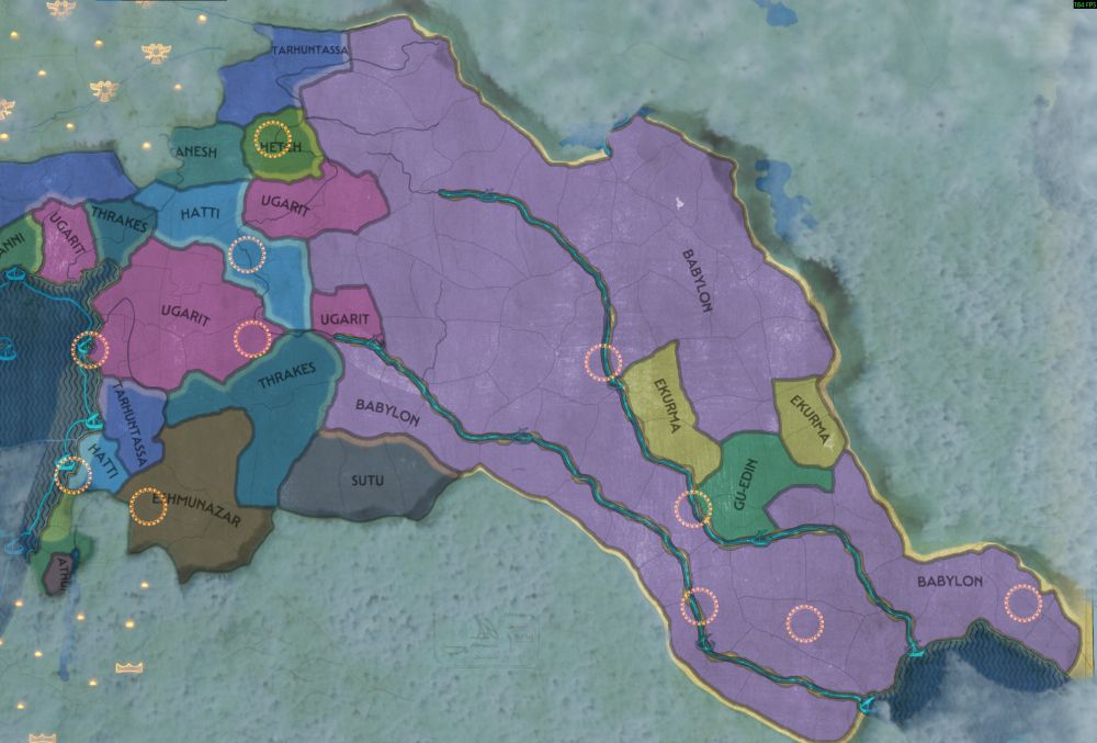 Campaign map from Total War Pharaoh Dynasties. Im playing as Babylon and control all of mesopotamia, going into the far east of Anatolia.