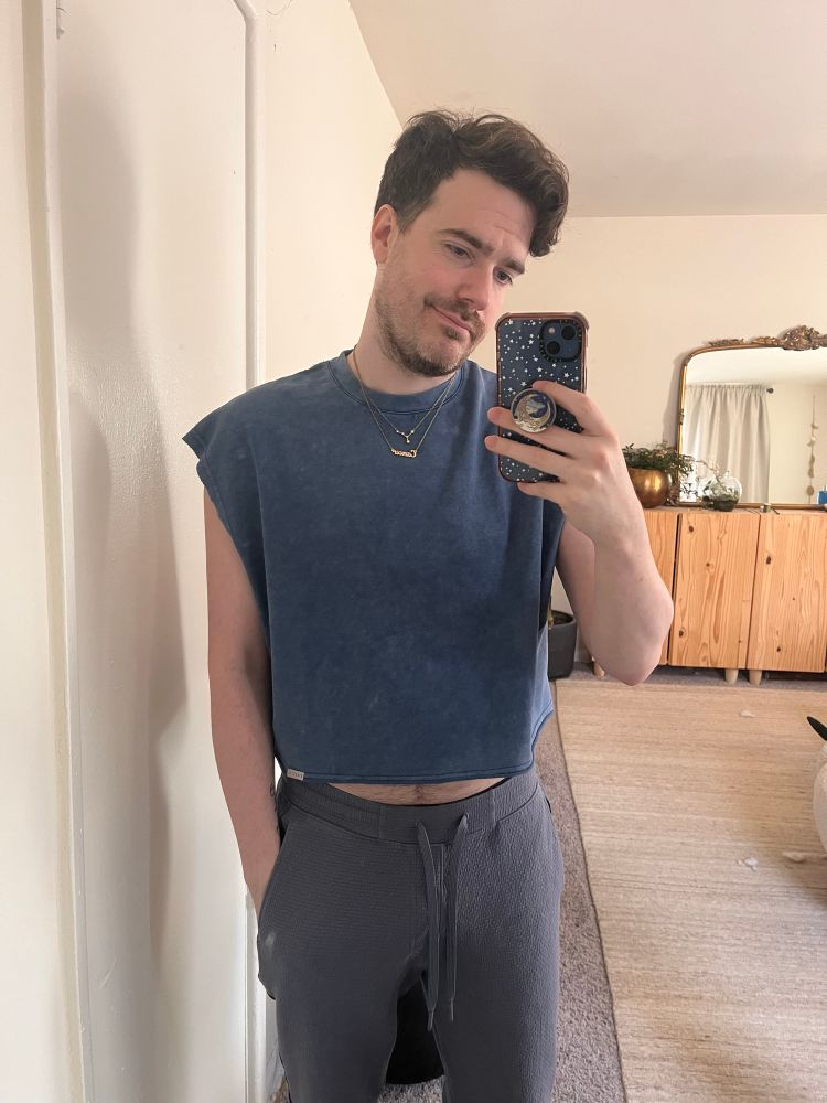 Me wearing a new blue crop top and sweats