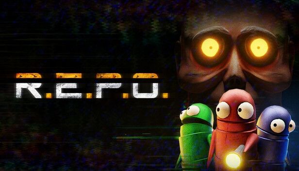 Repo game title card art featuring a green, red, and blue robots looking around concernedly, with a giant scary face with glowing orange eyes creeping up behind them