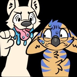 Drawing of A furry sneaking up behind Kona ready to grab them, their mouth drooling with saliva. Kona is in the foreground, looking nervously over their shoulder with sweat running down their brow and a frightened look on their face

art by Kofeeo