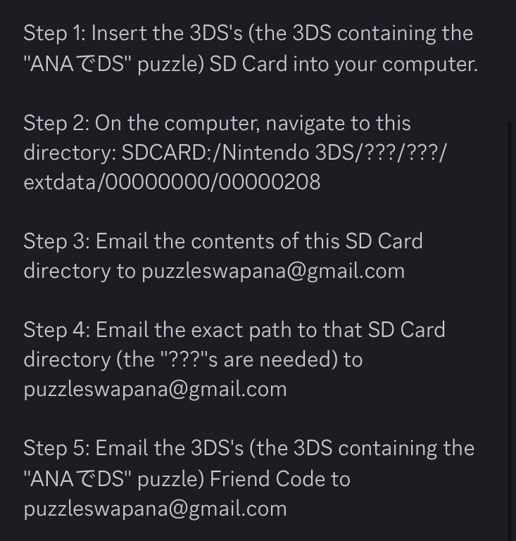 The following is a transcription of the steps to archive ANA:

Step 1: Insert the 3DS's (the 3DS containing the "ANAでDS" puzzle) SD Card into your computer.

Step 2: On the computer, navigate to this directory: SDCARD:/Nintendo 3DS/???/???/extdata/00000000/00000208

Step 3: Email the contents of this SD Card directory to puzzleswapana@gmail.com

Step 4: Email the exact path to that SD Card directory (the "???"s are needed) to puzzleswapana@gmail.com

Step 5: Email the 3DS's (the 3DS containing the "ANAでDS" puzzle) Friend Code to puzzleswapana@gmail.com
