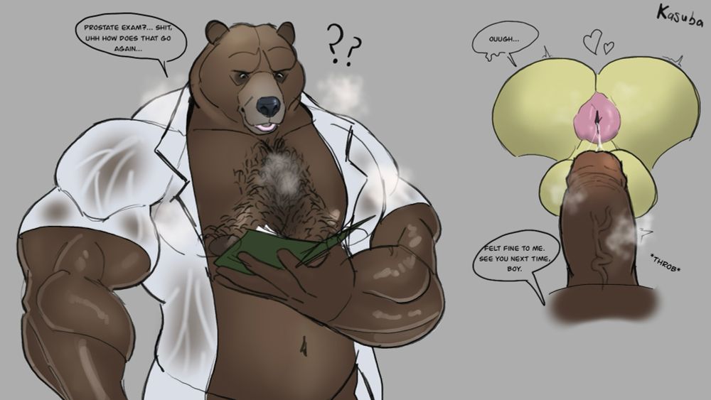 Sweaty Anthro bear doctor reading notes. Intercourse occurs