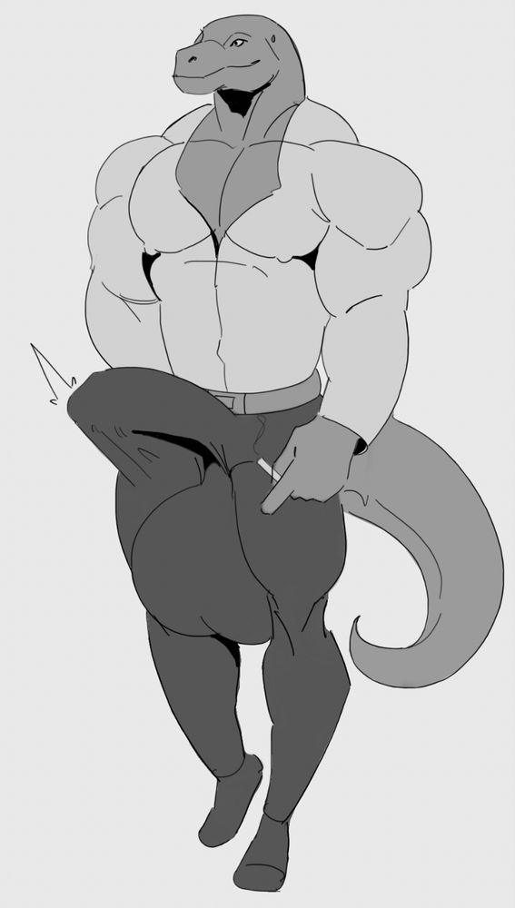 A Komodo dragon businessman on his way to the spermbank after work. He is visibly pent up, with a large dick twitching underneath his work pants.