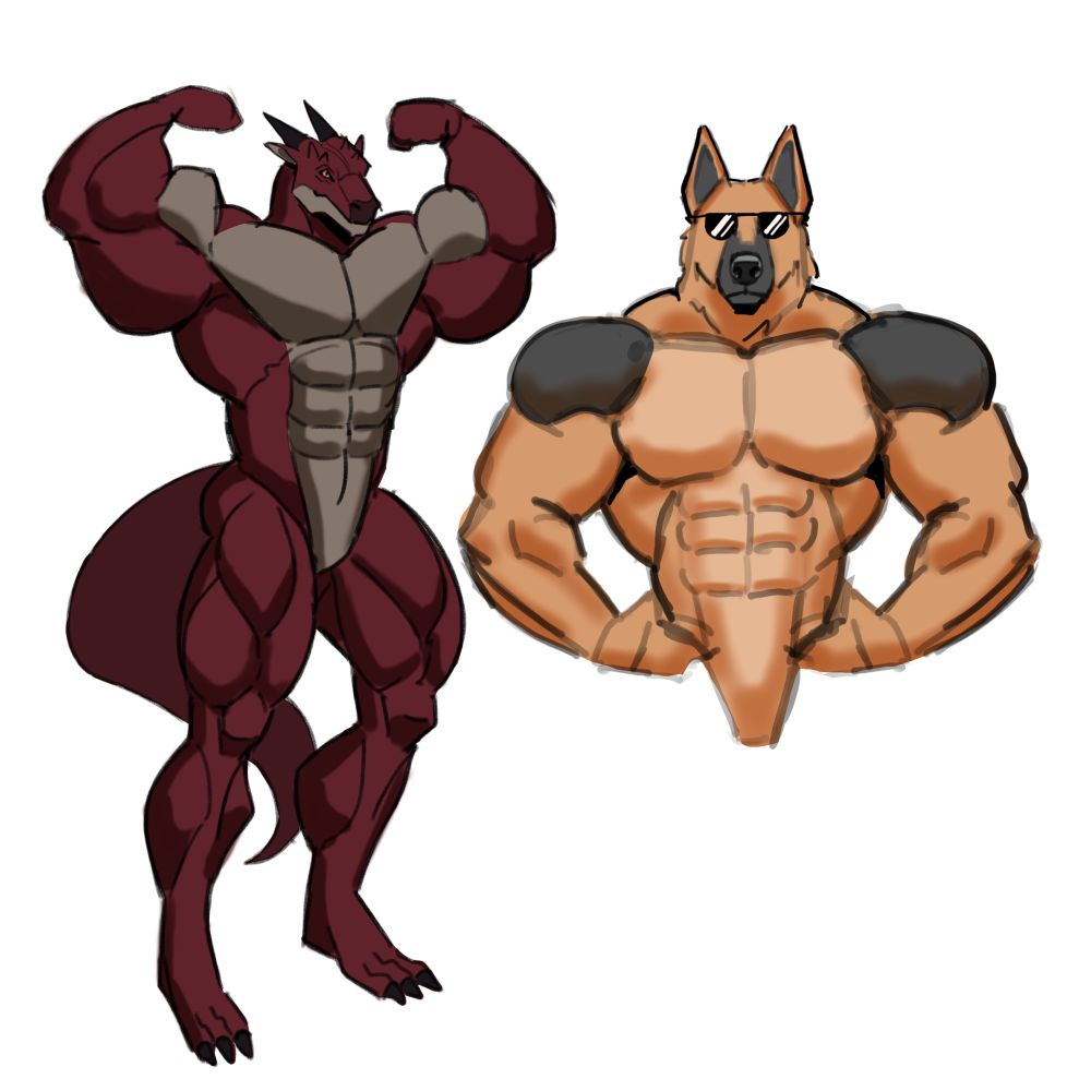 Sketch page including German shepherd wearing shades and an Anthro dragon scalie creature thing flexing