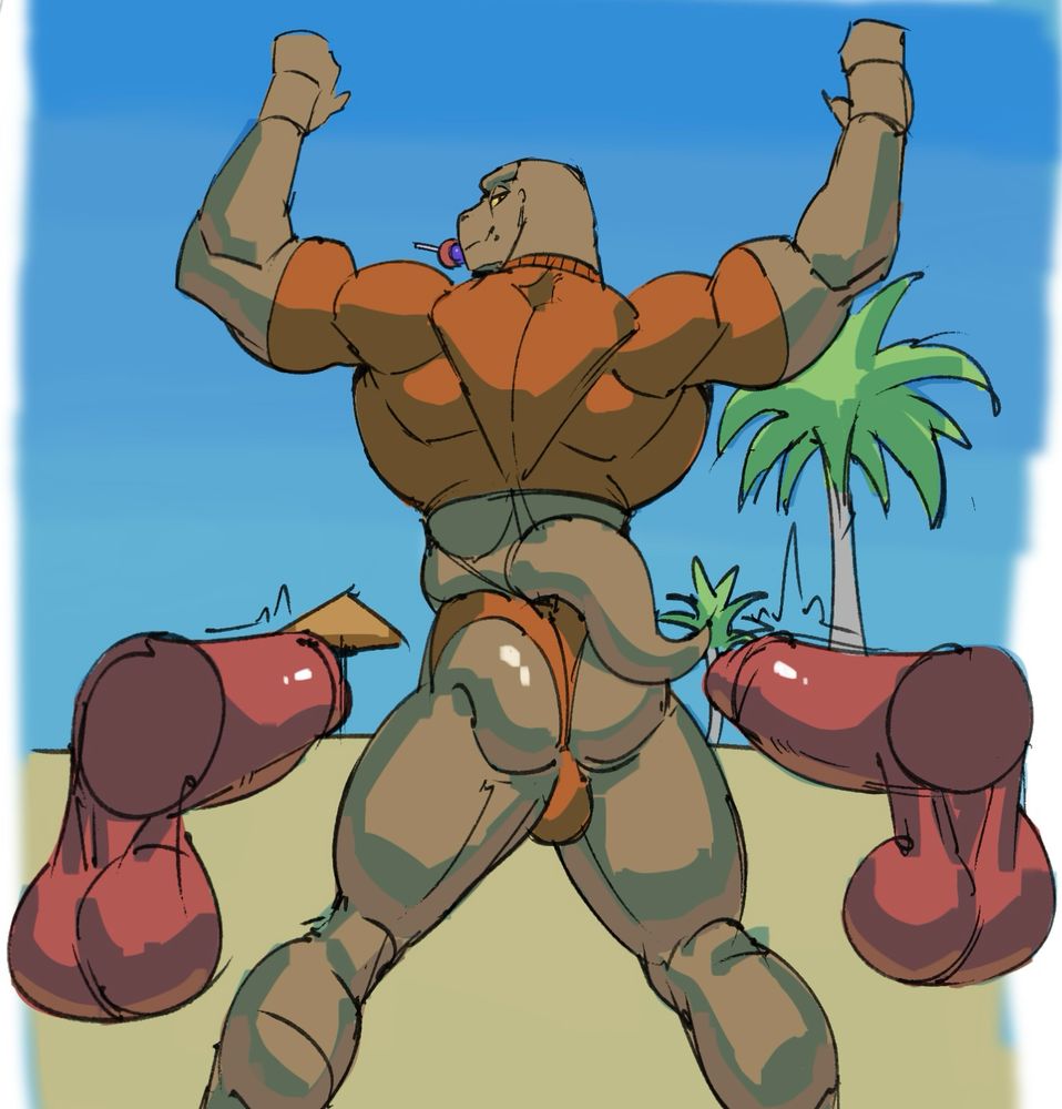 A lizard wearing a crop top putting his hands up, two cocks are in the background up and ready