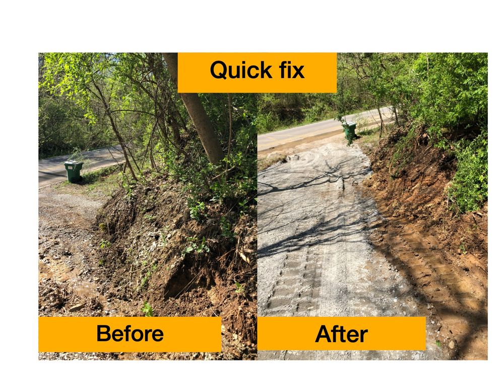 Before and after photos showing the rutted driveway with a blob of the hillside coming down into the drive and the after photo showing the graded surface covered with new crush and run gravel and the blood of hillside evened out, and falling tree removed