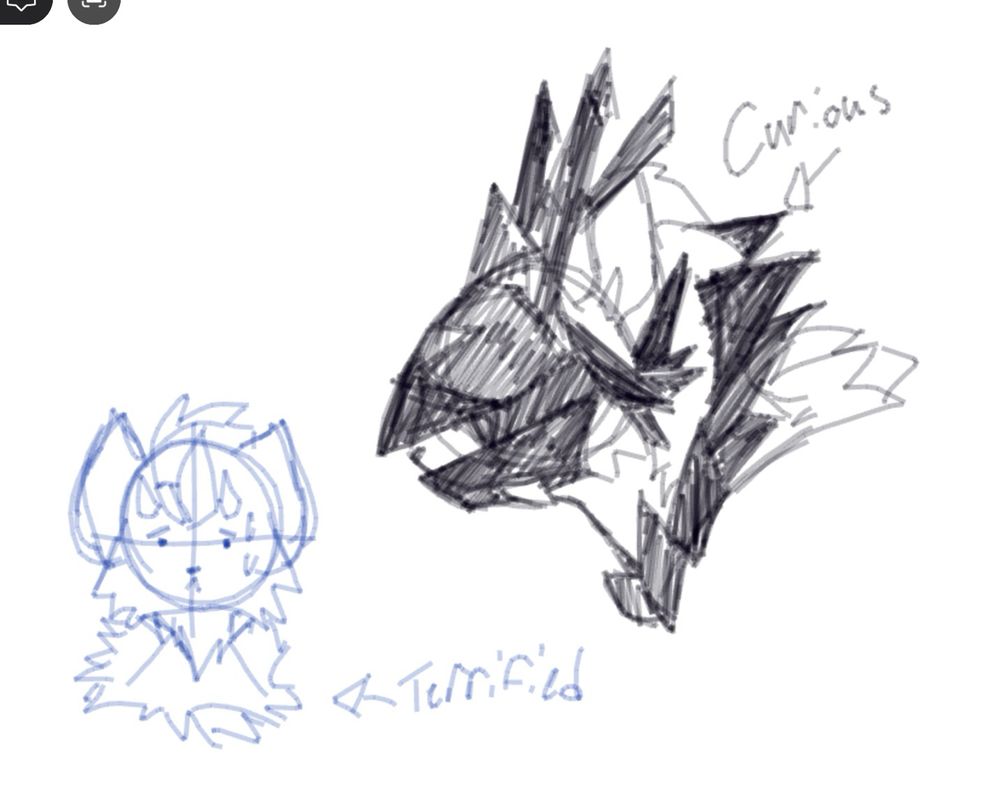 Retribution the Necrozma/Zeraora fusion & Kaizer the Non-fusion Zeraora. Retribution looking down at Kaizer curiously as he’s unable to speak, Kaizer is terrified of Retribution. || Drawn in Free Draw, Roblox