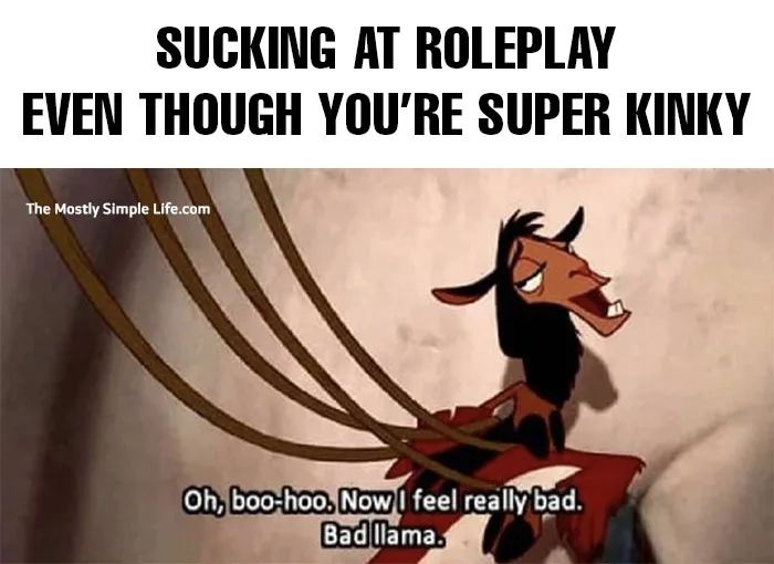 SUCKING AT ROLEPLAY EVEN THOUGH YOU'RE SUPER KINKY
"Oh, boo-hoo. Now I feel really bad. Bad llama."