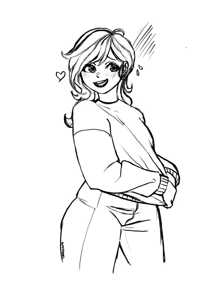 A sketch of a mom nervous while holding her sweater