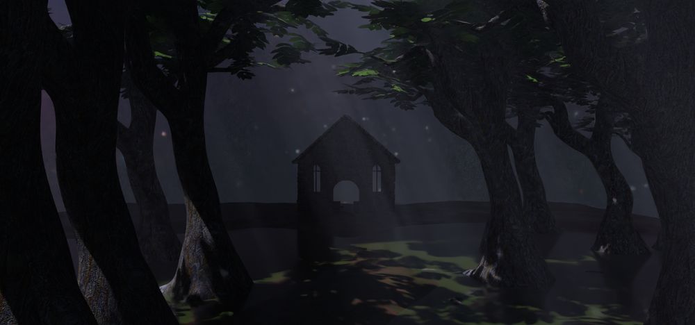 3D render of a forest with God rays being cast between leaves, in the far back a house sits in the dark