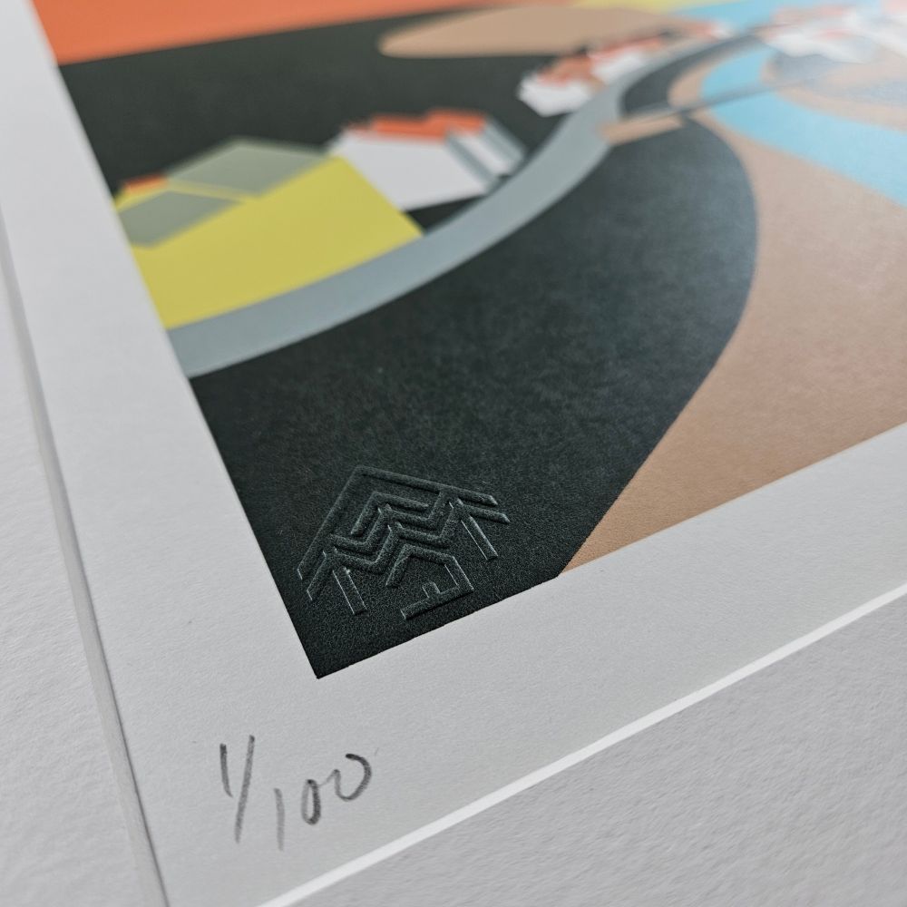 Close up of a screenprint of Staithes, showing the corner with an embossed logo and the numbers showing the print is limited edition 