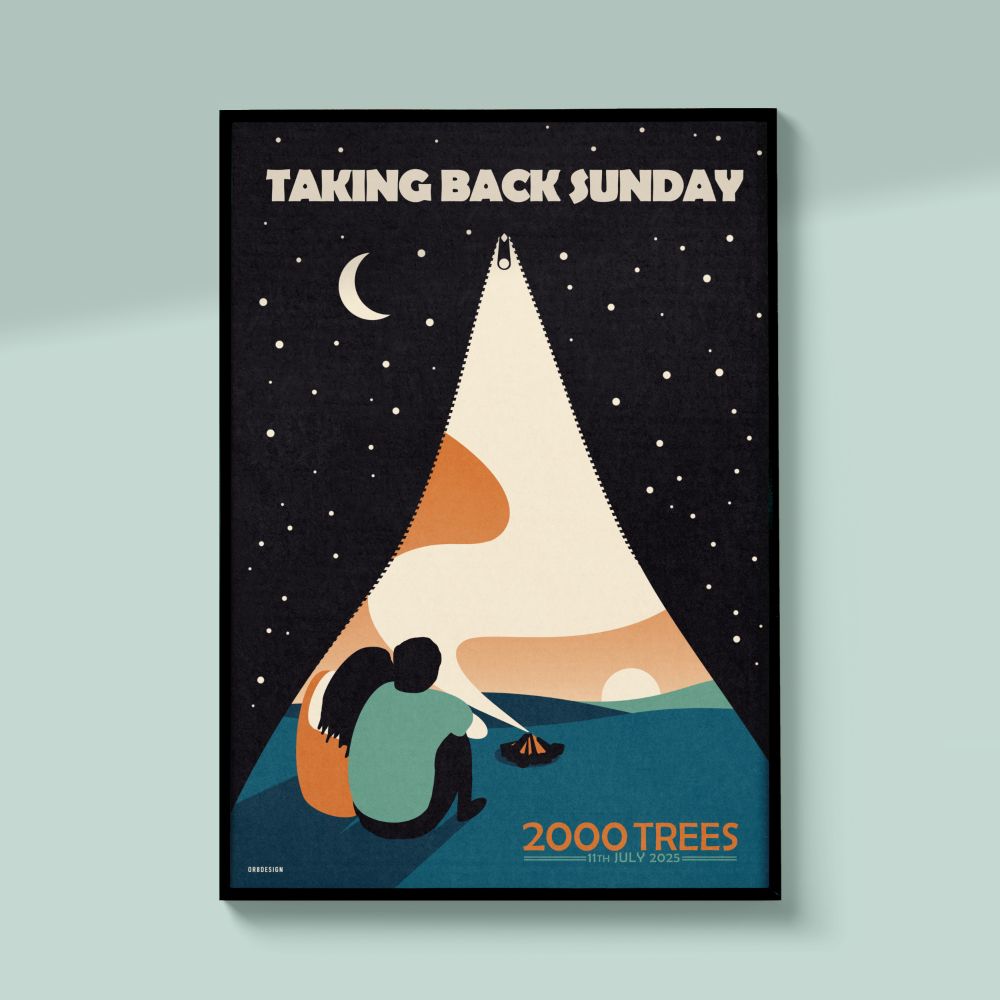 A gig poster for the band Taking Back Sunday who are headlining the 2000 Trees Festival. The image is looking out of a tent opening on to a couple who are sat close together, in front of a fire that's burnt out. On the side of the tent walls are stars and a moon.
