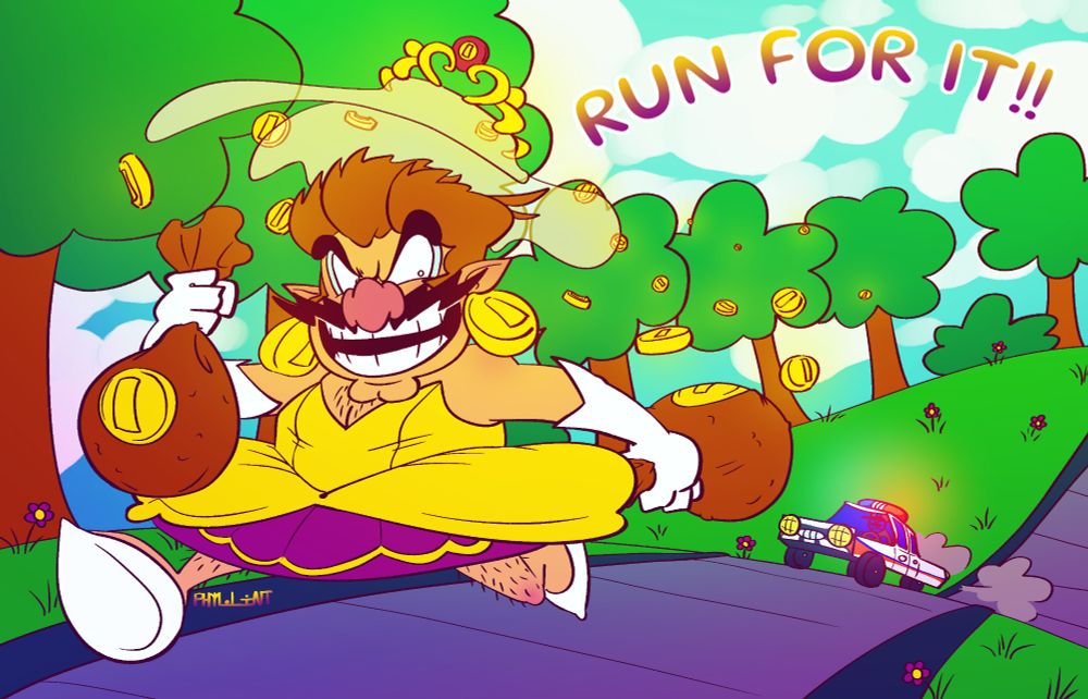 wario in a yellow and purple dress and coin earrings with bags of coins in his balled fists runs away from a cop. the scene around him is a sunny day with trees and bushes in the background, with coins and a gold and purple tiara falling behind him
