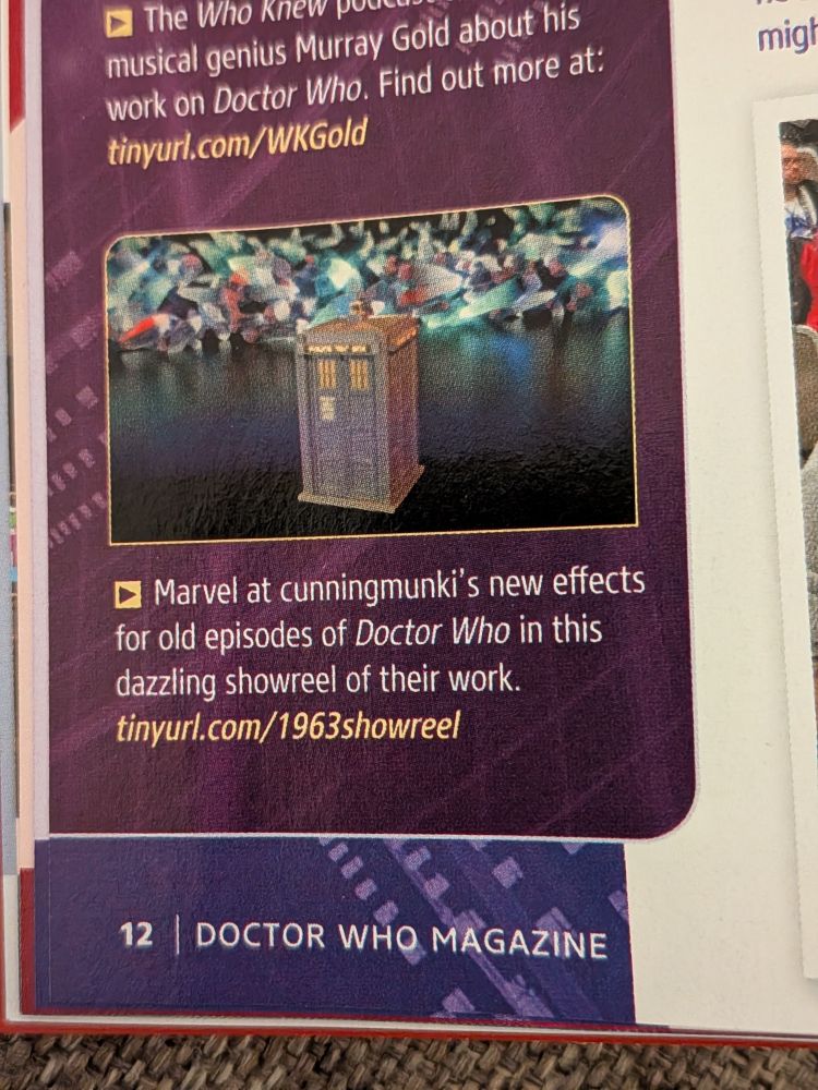 Page 12 of this month's Doctor Who magazine with a small picture of my YouTube showreel