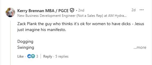 Bigot complains about the green party because he's a transphobe under his company profile on LinkedIn