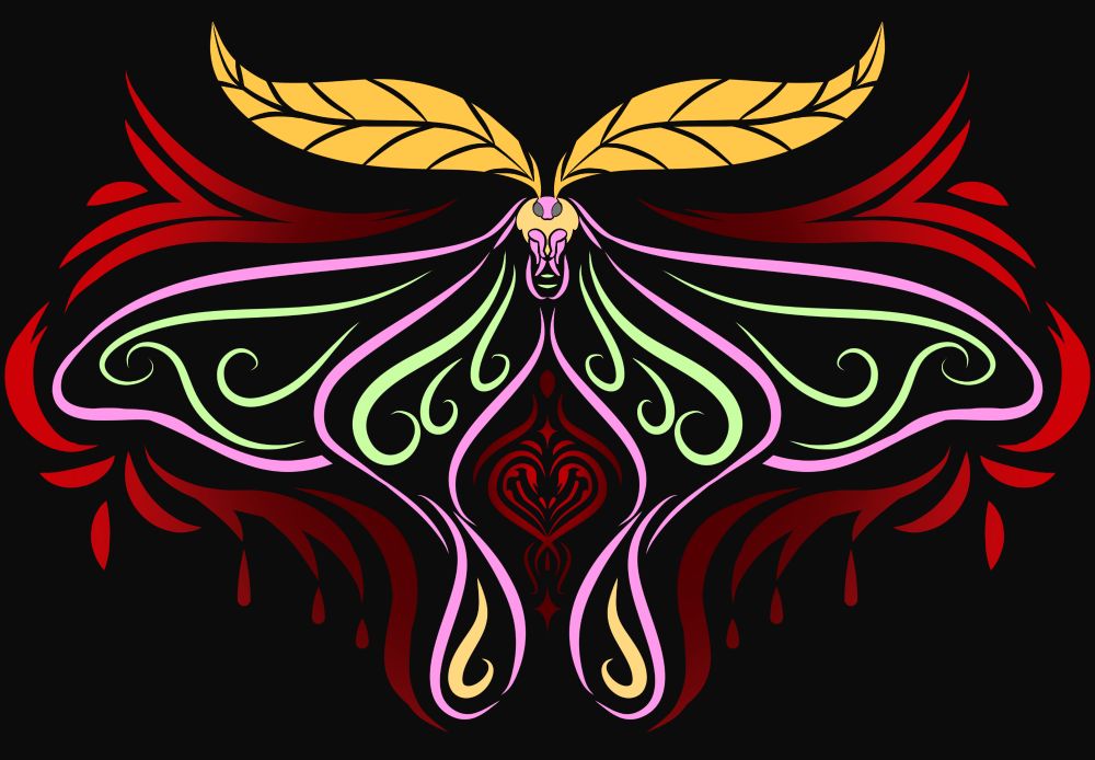 A yellow, pink and green moth tattoo with red swirly detailing surrounding it