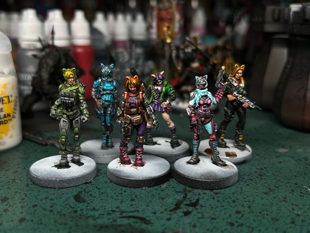 Six of the Danger Gal minis. From left to right: Lynx, Pantera, Doc Mittens, Mouse, Agent in Charge, and Tigress. 
