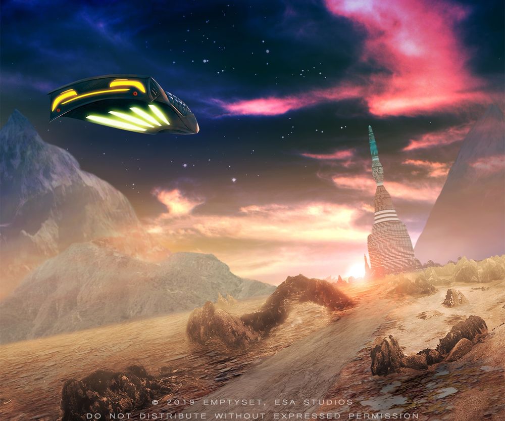 Science fictiony digital art of a futuristic, flying vehicle soaring over a dessert landscape toward a city in the distance with a sunset of orange, pink, and violet clouds across a dark sky of stars.