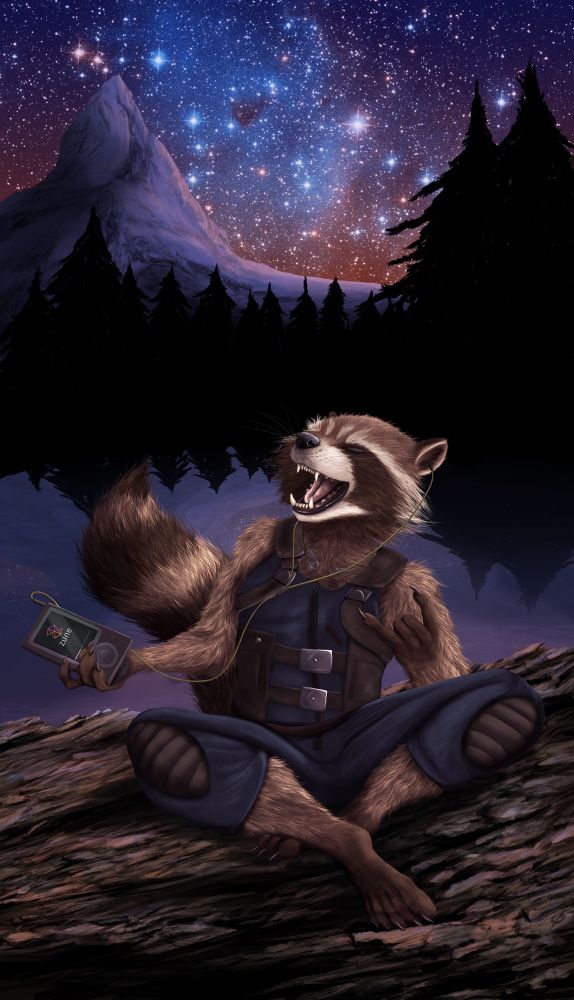 Artwork of Rocket Raccoon sitting crosslegged in front of a lake in a forest at night with stars above rocking out to music on a Zune. I bet that music was illegally downloaded from Napster. He's a raccoon after all! You know damn well he'd download a house!