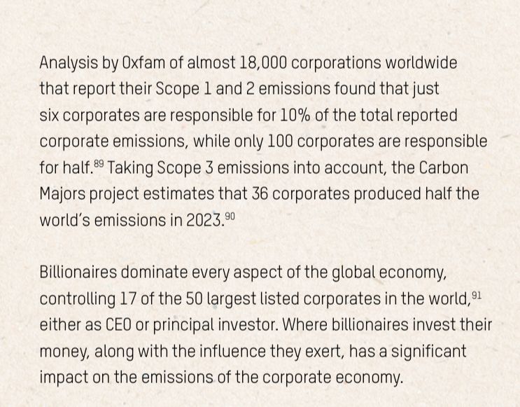 Analysis by Oxfam of almost 18,000 corporations worldwide that report their Scope 1 and 2 emissions found that just six corporates are responsible for 10% of the total reported corporate emissions, while only 100 corporates are responsible for half. Taking Scope 3 emissions into account, the Carbon Majors project estimates that 36 corporates produced half the world's emissions in 2023.90
Billionaires dominate every aspect of the global economy, controlling 17 of the 50 largest listed corporates in the world, either as CEO or principal investor. Where billionaires invest their money, along with the influence they exert, has a significant impact on the emissions of the corporate economy.