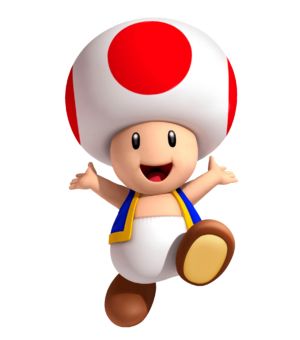 A cartoon image of a smiling, prancing Toad--the universally reviled character from the Nintendo universe whose most prominent feature is the giant mushroom cap he has for a skullcap