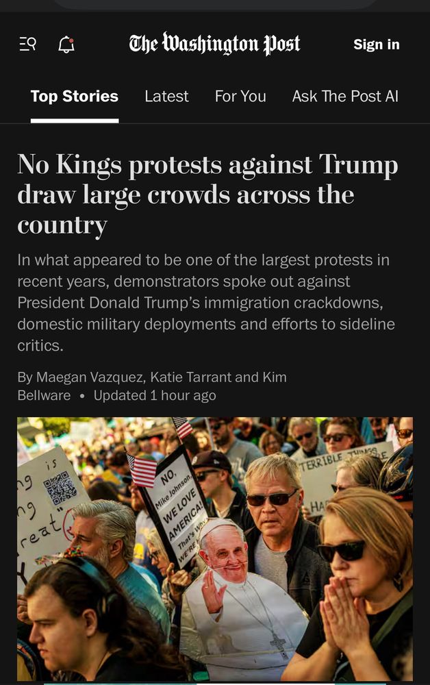 The top stories on the Washington post website are all about the no kings rally 