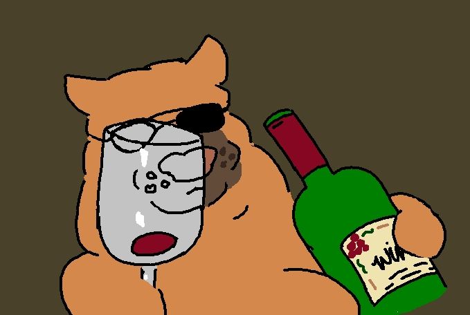 A meme doodle of a caramel pitbull wearing shades and holding an empty glass of wine and bottle.