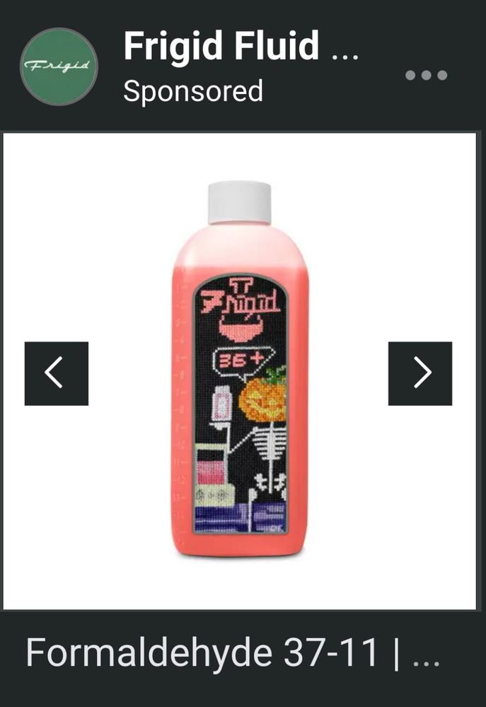 Facebook marketplace ad for some sort of pink fluid in a plastic pint juice bottle featuring a cross stitch/pixel art skeleton with a pumpkin head holding a bottle next to some sort of fluid pump.