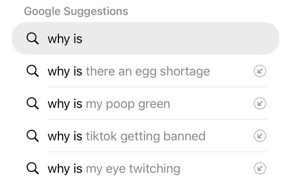 Screenshot of auto suggestions for a Google search “why is”

why is there an egg shortage
why is my poop green
why is tiktok getting banned
why is my eye twitching