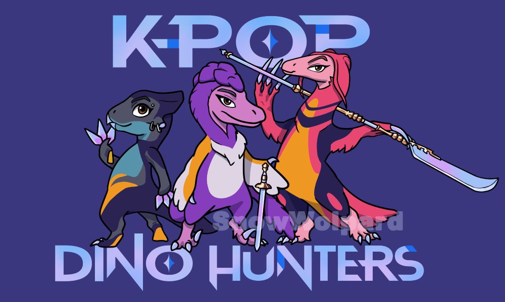 An illustration of three chibi, anthropomorphic dinosaurs based off of Zoey (Koreaceratops), Rumi (Velociraptor), and Mira (Therizinosaurus) from the film K-Pop Demon Hunters. The text in the image is in the style of the films logo and reads "K-POP" above the three of them, and "DINO HUNTERS" below them. They are against a dark blue background. 