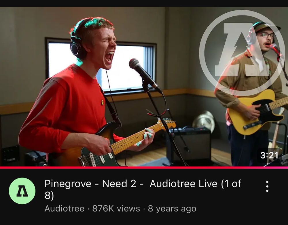 Screenshot of an Audiotree live session featuring Pinegrove playing the best version of “Need 2”