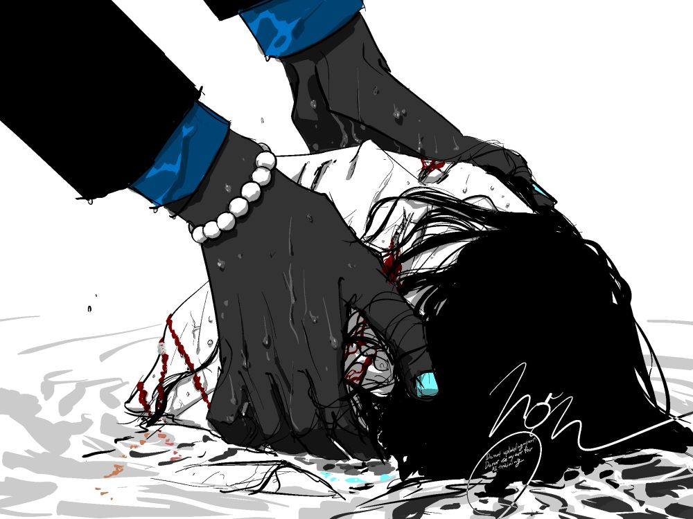 Vox Akumaのファンアート。Box Tenshiの手がVoxの頭を水面の上に掴み上げている。