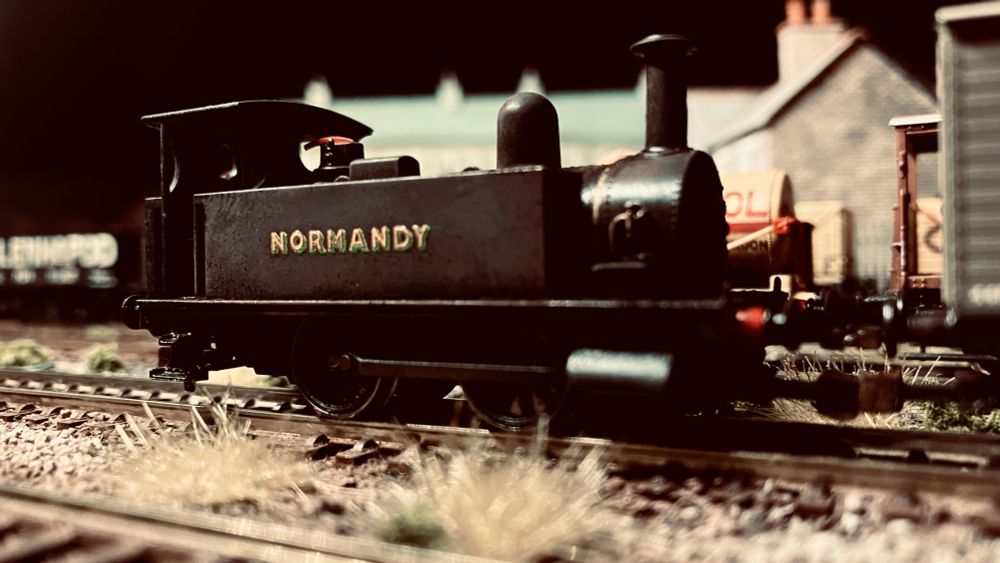 Photo of TT:120 scale model 0-4-0 tank engine 'Normandy' in an overgrown siding