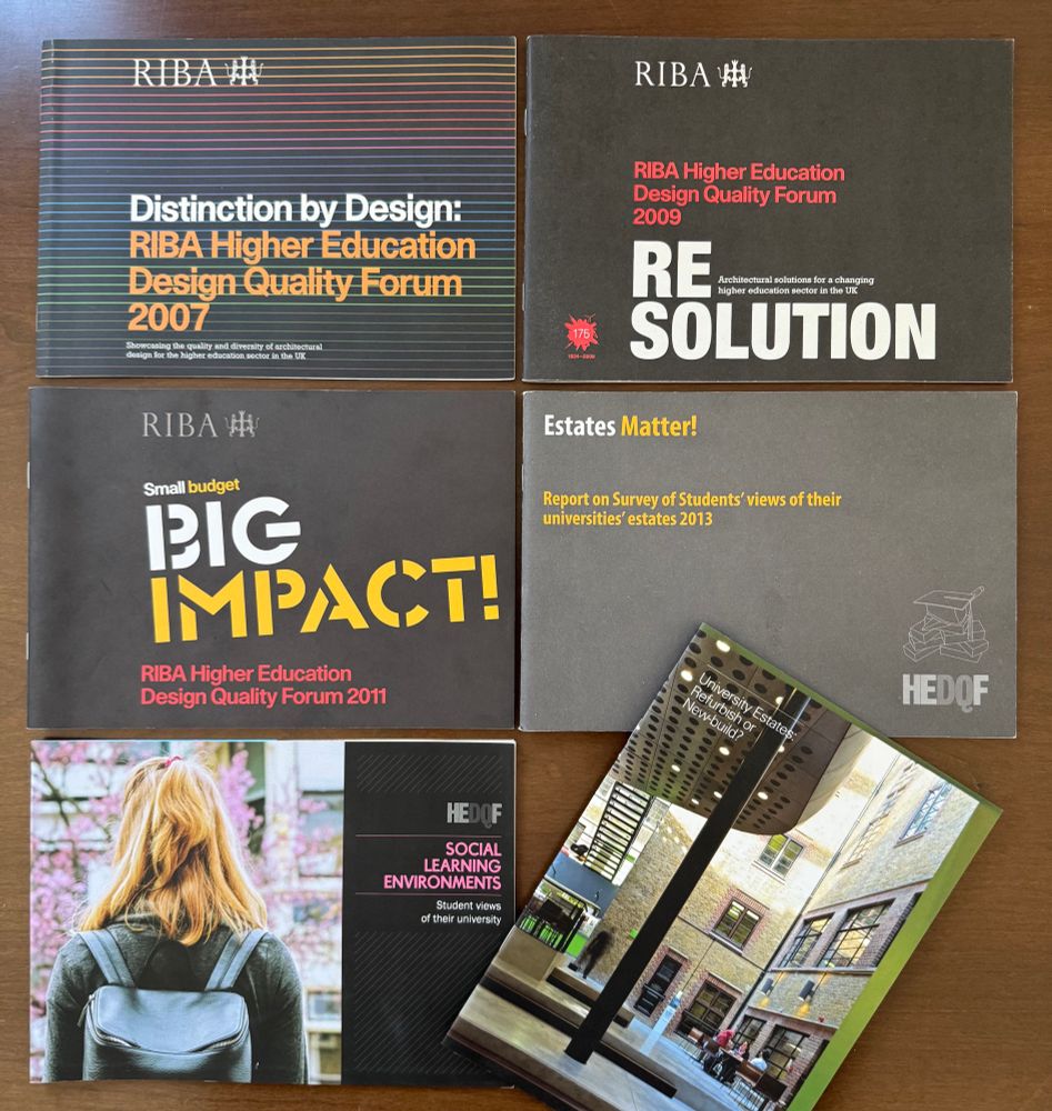 Photo of university design forum research: 2007 Design by Distinction, 2000 Re-Solution, 2011 Small Budget BIG IMPACT, 2013 Student views on the estate, 2019 Social Learning Environments, 2019 Refurbish or New Build.