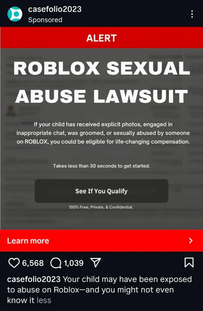 An Instagram ad about a ROBLOX SEXUAL ABUSE LAWSUIT in gigantic capital letters. 