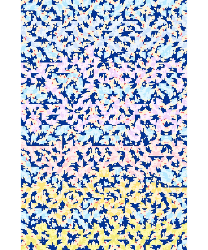 Over a pale blue background, pale bands of color fill pixelated fractal shapes. Dark blue shapes—perhaps writing in an unknown language?—float upon the background, punctuated by smaller, blocky flecks of bright red.