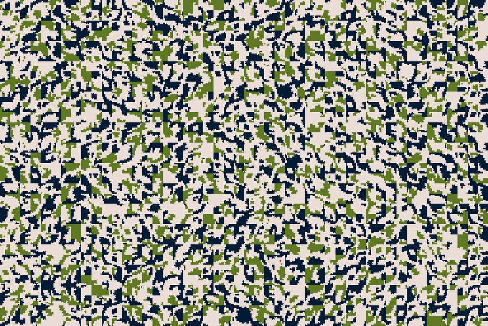 On a background the color of unbleached newspaper connected blocky blobs of lichen green and basalt blue-black swirl as if caught in eddies. They might be words written in a feral language. 