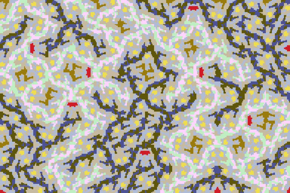 A fractal net with zigzag edges, built up with blended colors, where smaller geometric shapes pop out in bright yellow and red. 